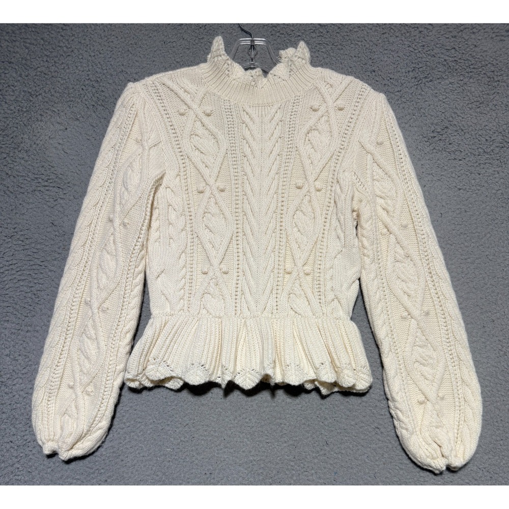 Zara Wool blend cable knit peplum sweater Ivory Womens size Small Cozy Soft